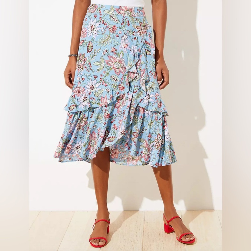 LOFT Floral Blue Ruffle Midi Skirt